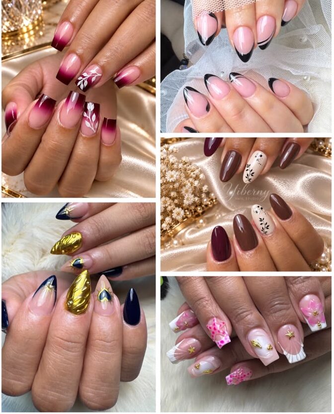 Diseños artísticos de uñas con detalles decorativos, trazos y acabados personalizados en Yiberny Nails Studio